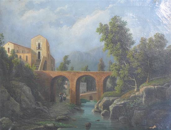 Manner of Gaspard Dughet Landscapes with figures and classical buildings, 15 x 20in.